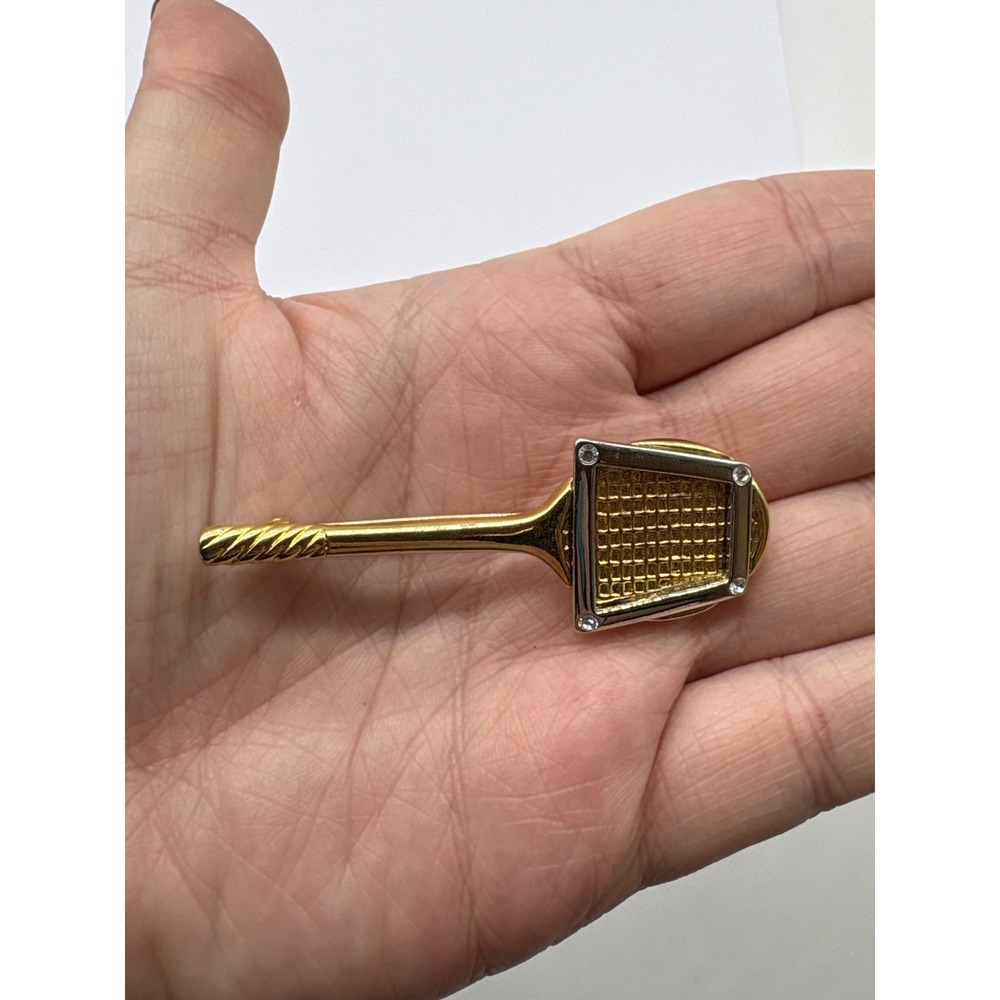 Liz Claiborne Vintage Gold Tone Badminton Tennis Racquet Brooch Pin Rhinestone